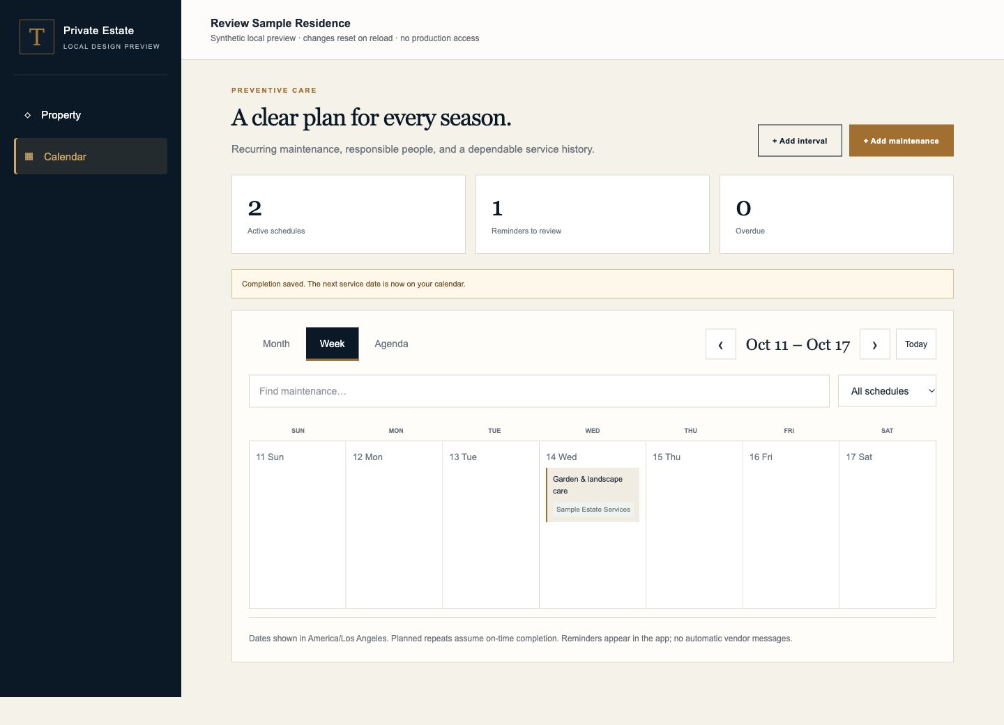 Working development calendar with fictional maintenance schedules in week view